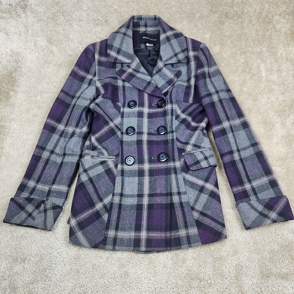 Moda International Vintage Peacoat Womens Small Gray Purple Tartan Plaid Wool